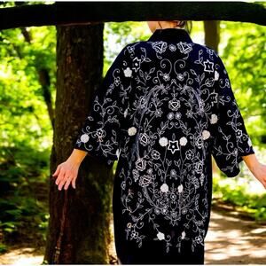 Anthropologie Floreat Black Longline Duster Kimono Floral Beaded Embroidered OS